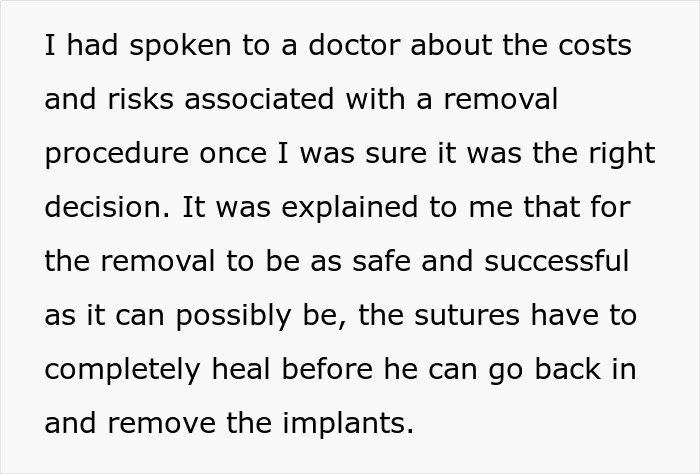 Text about a single mom discussing costs and risks of plastic surgery removal and healing process after implants. Text about a single mom discussing costs and risks of plastic surgery removal and healing process after implants.