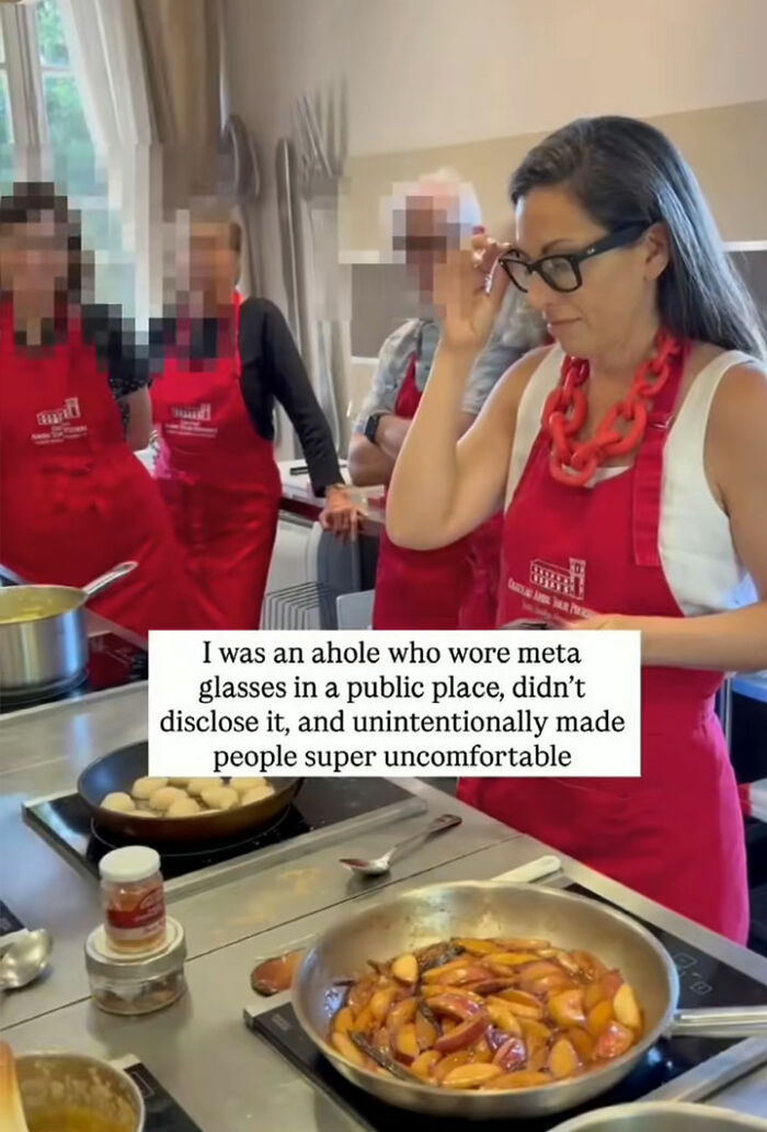 Woman wearing Meta glasses cooking in a kitchen, reflecting on uncomfortable vacation regrets after recording footage. Woman wearing Meta glasses cooking in a kitchen, reflecting on uncomfortable vacation regrets after recording footage.