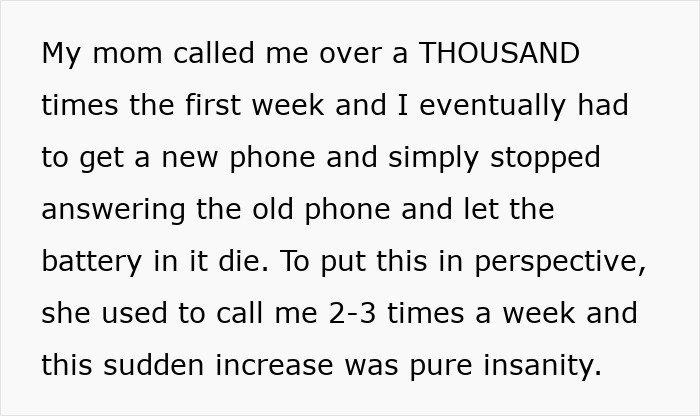 Text describing a daughter explaining increased calls from parents after they lied about food allergies, leading to no contact.