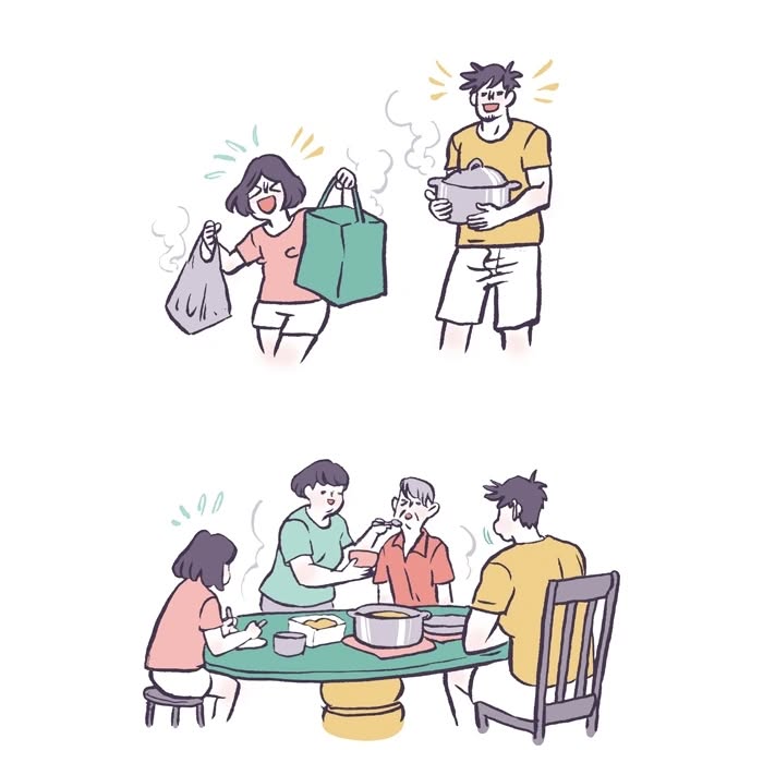 Malaysian artist drawing her life with her tall, geeky husband and playful daughter carrying flowers and groceries.