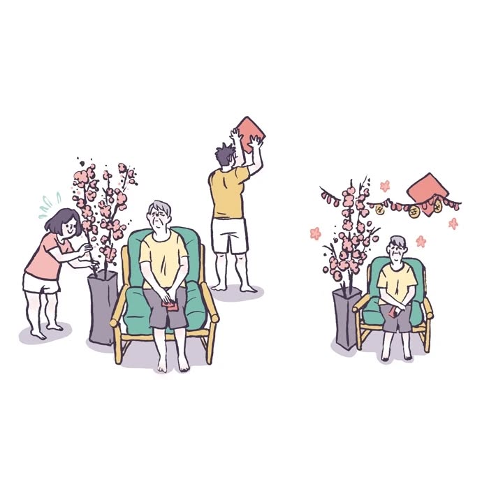 Malaysian artist drawing her life with her tall, geeky husband and playful daughter carrying flowers and groceries.