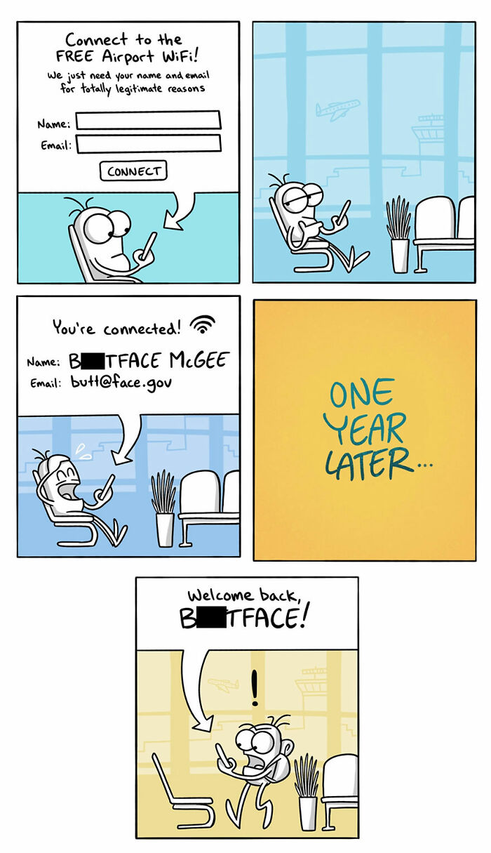 Comic illustrating airport WiFi login issues with humorous character, showcasing artist's humorous take on language differences.