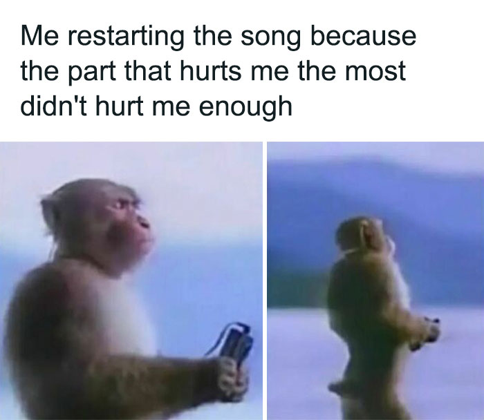 Relatable meme showing a monkey restarting a song, capturing the feeling of taking your mind off how much work you have to do.