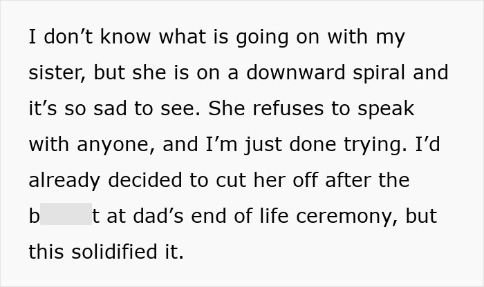 Text showing emotional struggle in family as sister revealed dead brother lie, refusing to speak and causing a downward spiral.