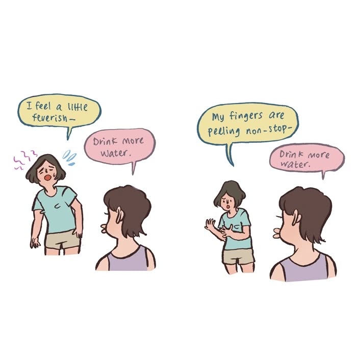 Malaysian artist drawing her life, showing relatable moments with her tall geeky husband in simple cartoon style.