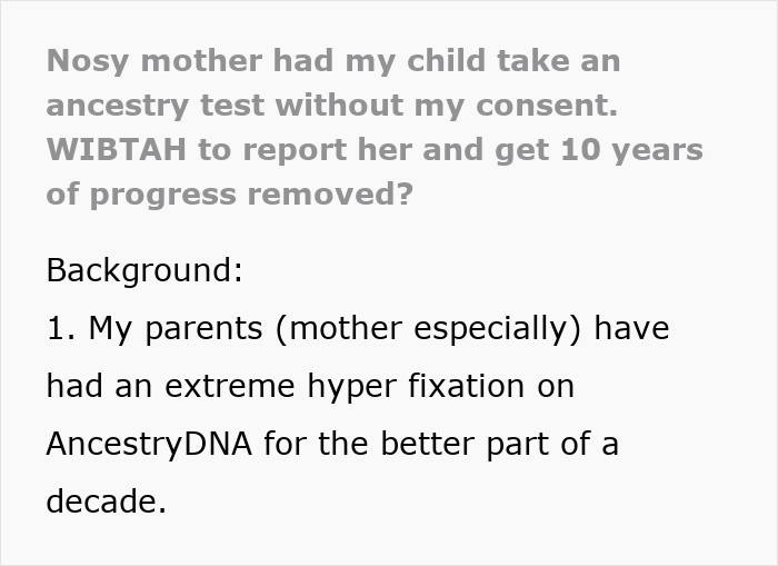 Nosy mother causes family conflict by forcing ancestry tests without consent, crossing privacy and personal boundaries.
