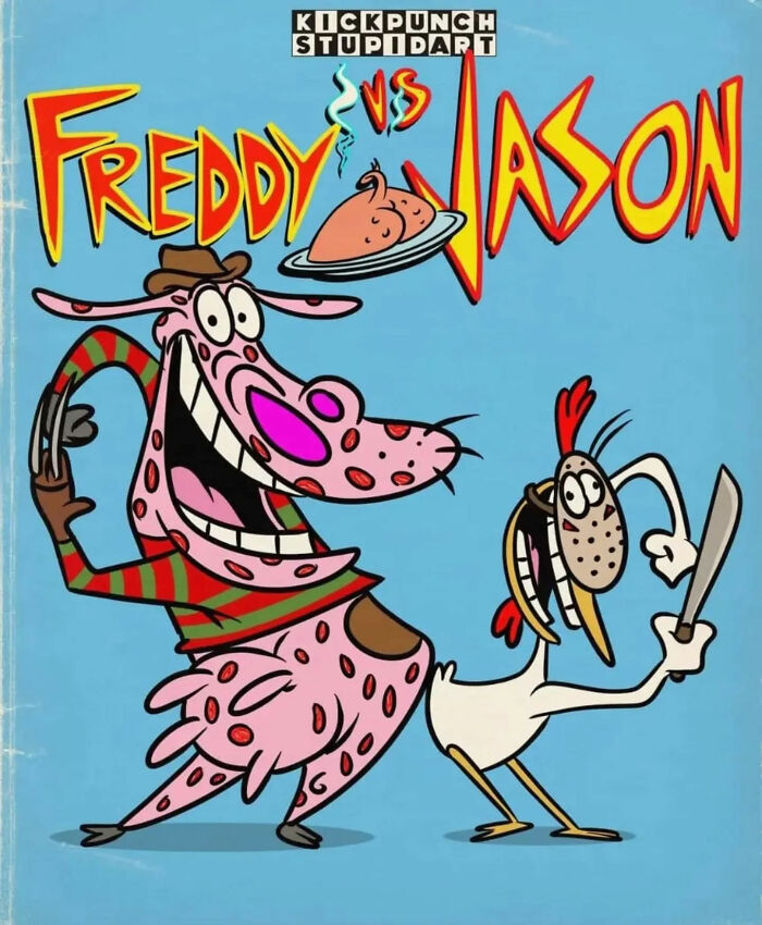Cartoon characters Freddy and Jason reimagined with creepy horror elements by an artist specializing in classic cartoons.