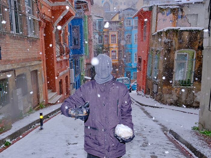 Person holding a snowball on Istanbul’s snowy street with colorful buildings and cats nearby in winter life scene.