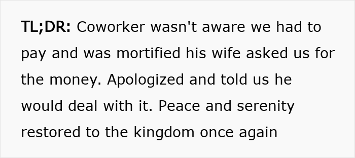 Text screenshot showing a coworker realizing the superior’s wife’s show was not free and the group had to pay unexpectedly. Text screenshot showing a coworker realizing the superior’s wife’s show was not free and the group had to pay unexpectedly.