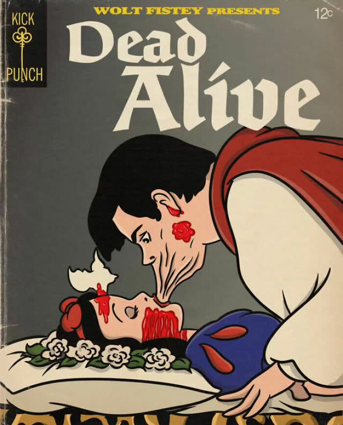 Classic cartoon characters depicted in a creepy horror scene with graphic and gruesome details.