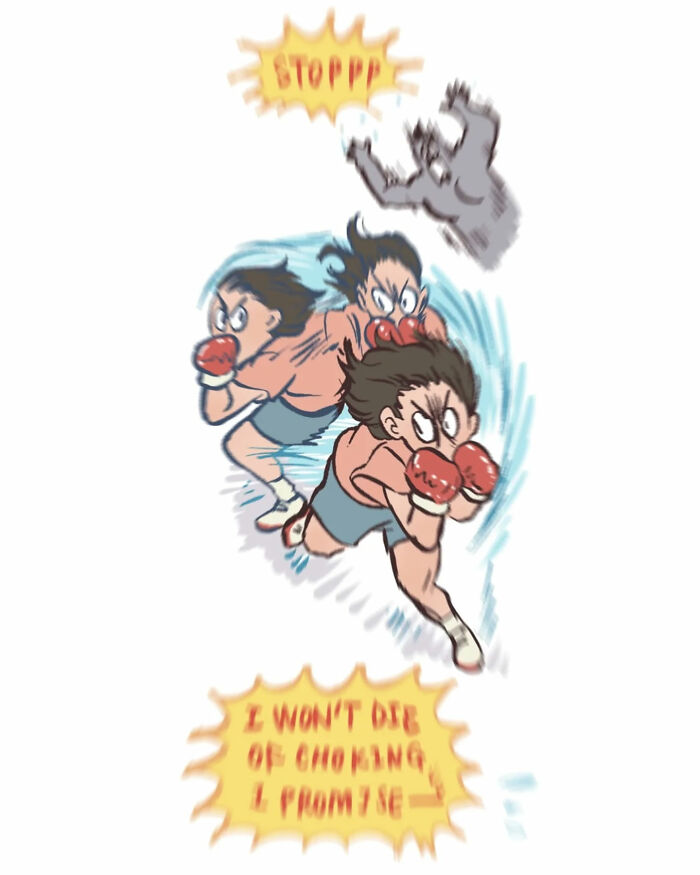 Malaysian artist cartoon showing life with her tall, geeky husband during a Heimlich maneuver while eating.