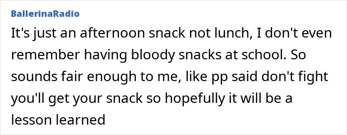 Comment discussing a 5-year-old left hungry at school after teacher denies snack as consequence for fighting.