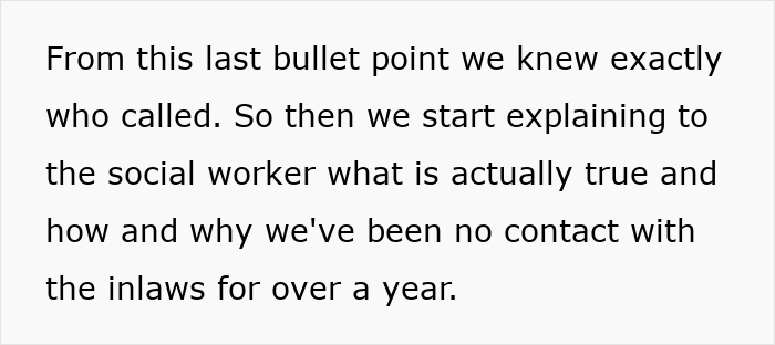 Text excerpt discussing a couple explaining to a social worker why they have banned toxic in-laws from visiting their newborn. Text excerpt discussing a couple explaining to a social worker why they have banned toxic in-laws from visiting their newborn.