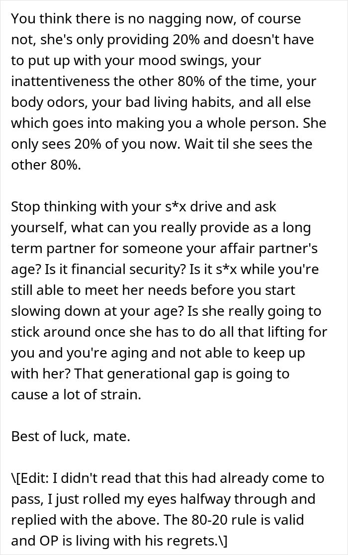 Text excerpt discussing the challenges and regrets of leaving a wife for a younger woman, highlighting aging and relationship strain. Text excerpt discussing the challenges and regrets of leaving a wife for a younger woman, highlighting aging and relationship strain.