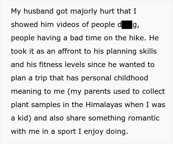 Text about a husband getting majorly hurt over a surprise anniversary trip canceled by his wife. Text about a husband getting majorly hurt over a surprise anniversary trip canceled by his wife.