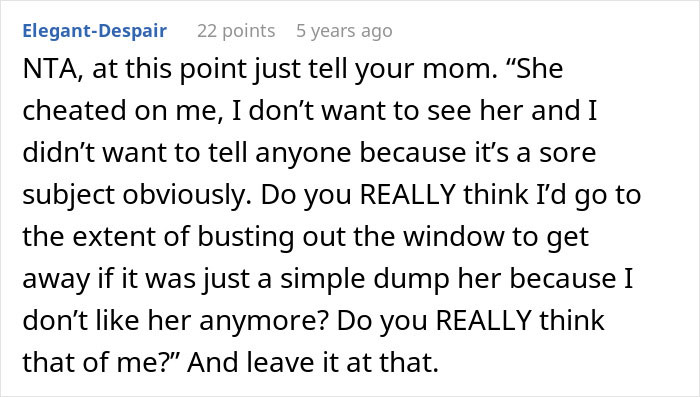Text conversation discussing a guy running out the window after his mom’s attempt to reconcile him and his ex-fiancé.