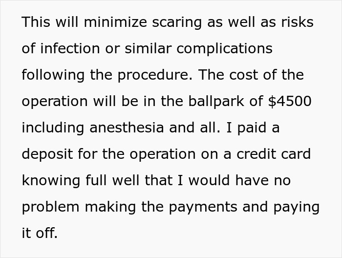 Text about minimizing scaring and infection risks, mentioning plastic surgery cost around $4500 and payment plans. Text about minimizing scaring and infection risks, mentioning plastic surgery cost around $4500 and payment plans.