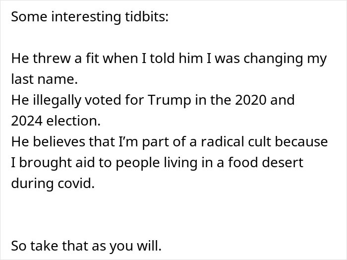 Text excerpt about bride&rsquo;s father refusing to attend wedding because it&rsquo;s not on American soil, sharing personal conflicts.