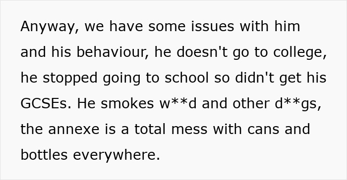 Text describing family relationship issues in the Annexe-Son house with behavior and living space concerns.