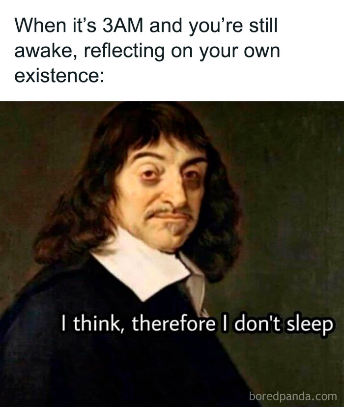 Classic painting with modern caption humor about sleeplessness and reflection, showcasing comedy gold through updated captions.