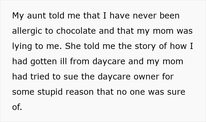 Text describing a parent's lie about food allergies leading to no contact with their daughter over the truth.