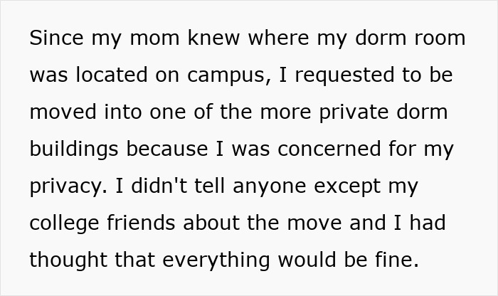 Text about a daughter requesting a private dorm move due to concerns related to parents lying about food allergies.