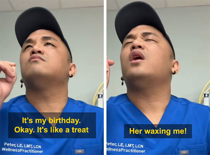 Man in blue scrubs reacts during aesthetician interaction after lying on booking, captured in viral video screenshots. Man in blue scrubs reacts during aesthetician interaction after lying on booking, captured in viral video screenshots.