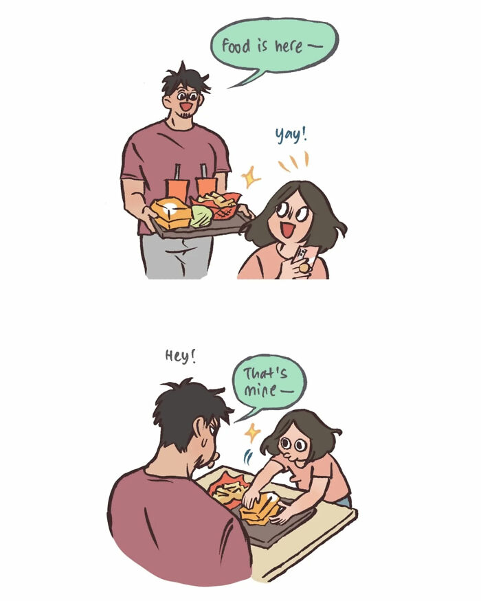 Malaysian artist cartoon shows delivery interaction with her tall, geeky husband and relatable daily life moments.
