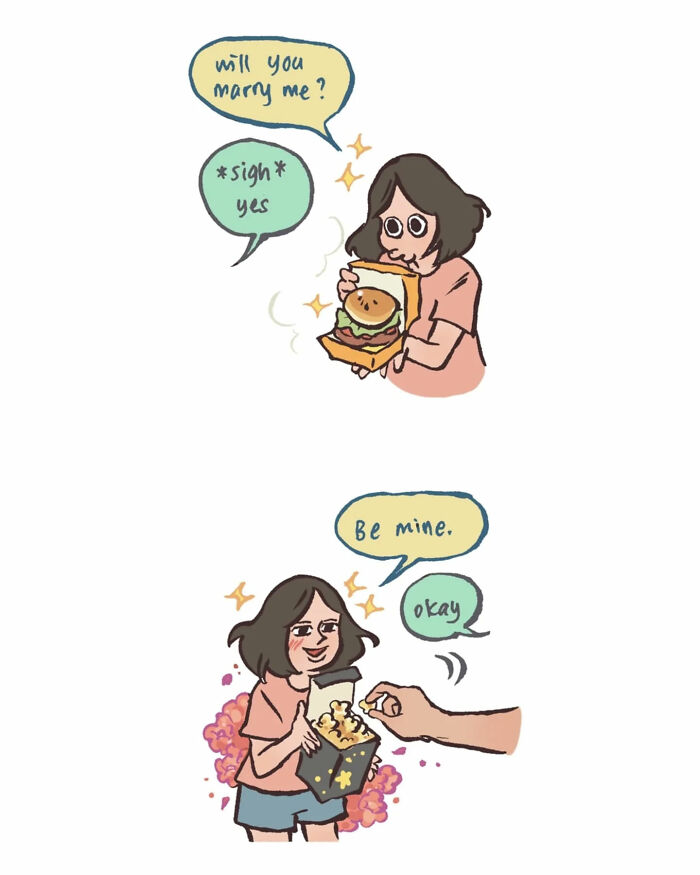 Malaysian artist cartoon shows delivery interaction with her tall, geeky husband and relatable daily life moments.