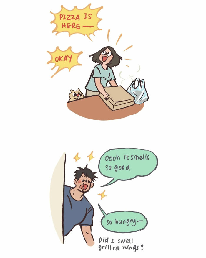 Malaysian artist cartoon shows delivery interaction with her tall, geeky husband and relatable daily life moments.