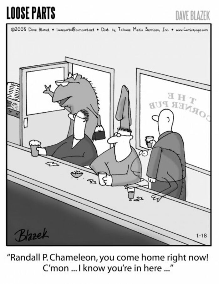 Absurd comic panel by Dave Blazek showing cartoon characters in a bar, featuring a camouflaged chameleon hiding inside.