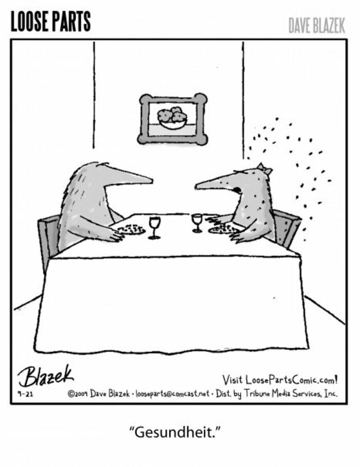 Absurd comic by Dave Blazek showing two shark-like creatures dining at a table, one sneezing mid-meal.