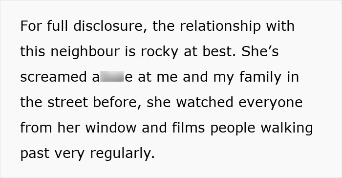 Text excerpt describing a rocky neighbor relationship with surveillance and threats involving medical leave fraud.