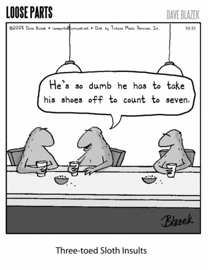 Three sloths at a bar in a 30 hilariously absurd comics by veteran cartoonist Dave Blazek style cartoon.