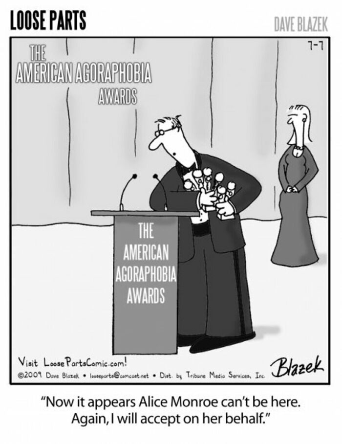 Cartoonist Dave Blazek's comic showing a man accepting awards at the American Agoraphobia Awards ceremony.
