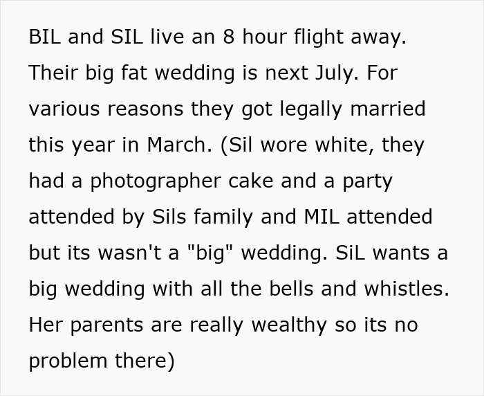 Text about BIL and SIL's wedding plans after an 8 hour flight, focusing on child-free ceremony and related costs. Text about BIL and SIL's wedding plans after an 8 hour flight, focusing on child-free ceremony and related costs.