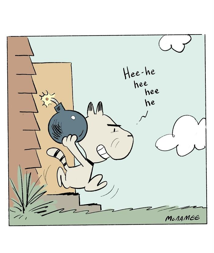 Cartoon cat sitting on a windowsill with a thought bubble, part of clever and relatable New Yorker comics.