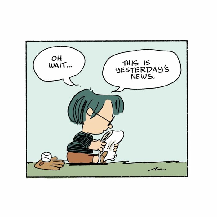 Cartoon character with glasses catching a flying newspaper in a baseball glove in a clever relatable comic style.