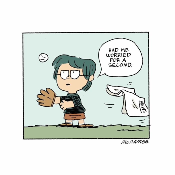 Cartoon character with glasses catching a flying newspaper in a baseball glove in a clever relatable comic style.