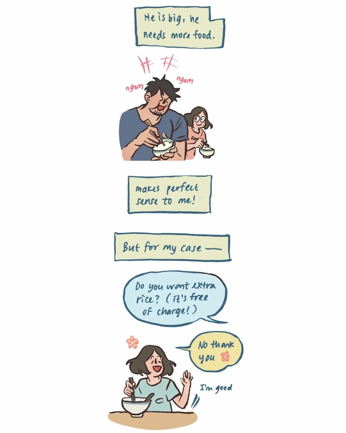 Malaysian artist's relatable comic showing her life with her tall, geeky husband in a humorous everyday disagreement.