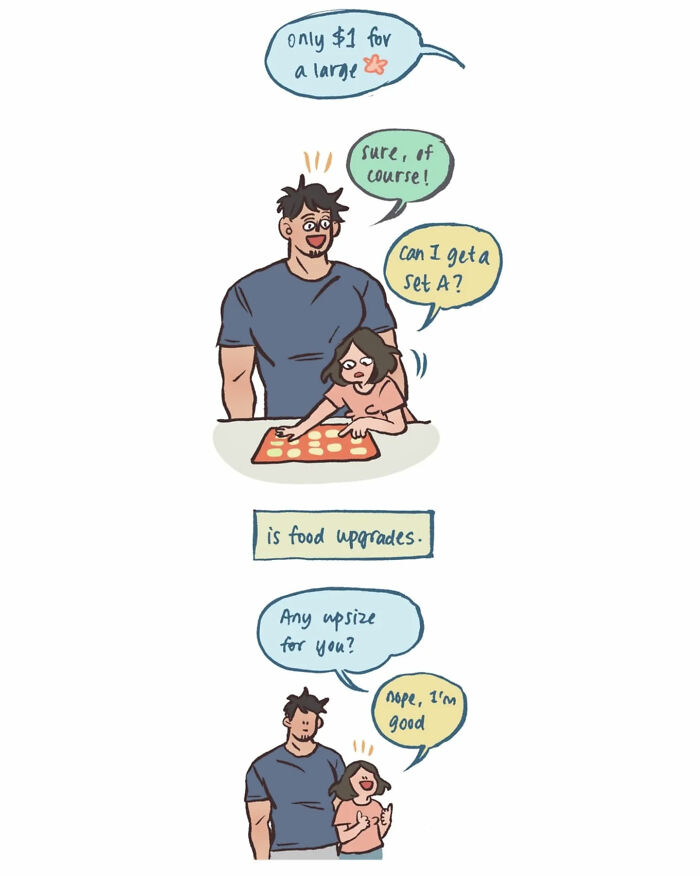 Malaysian artist's relatable comic showing her life with her tall, geeky husband in a humorous everyday disagreement.