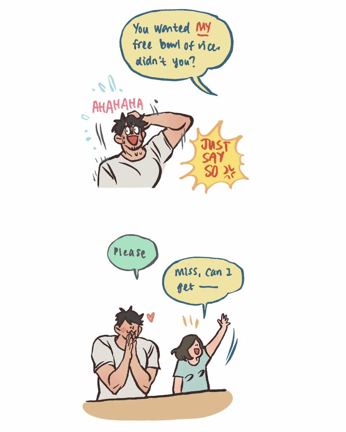 Malaysian artist's relatable comic showing her life with her tall, geeky husband in a humorous everyday disagreement.