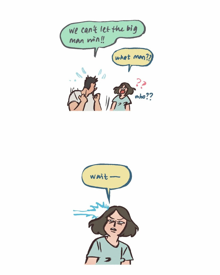 Malaysian artist's relatable comic showing her life with her tall, geeky husband in a humorous everyday disagreement.