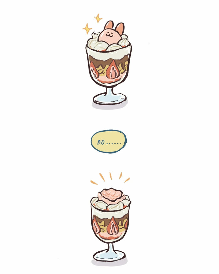 Malaysian artist’s cute illustration of a woman happily admiring a jiggly cat dessert in a relatable comic style.