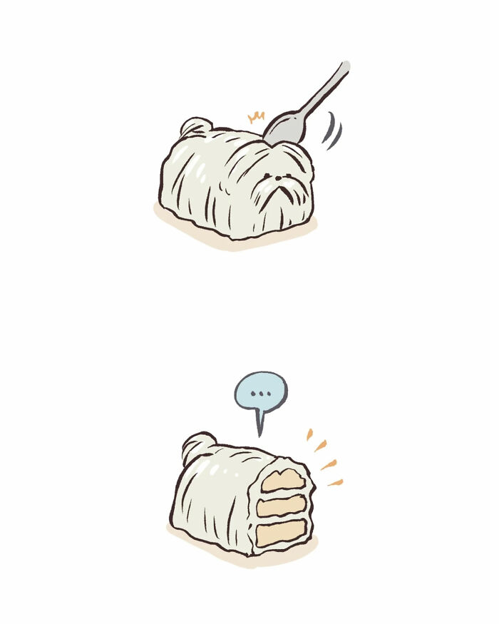 Malaysian artist’s cute illustration of a woman happily admiring a jiggly cat dessert in a relatable comic style.