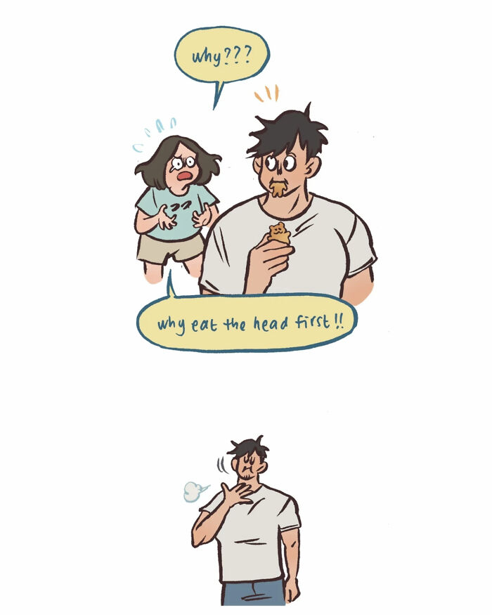 Malaysian artist’s cute illustration of a woman happily admiring a jiggly cat dessert in a relatable comic style.