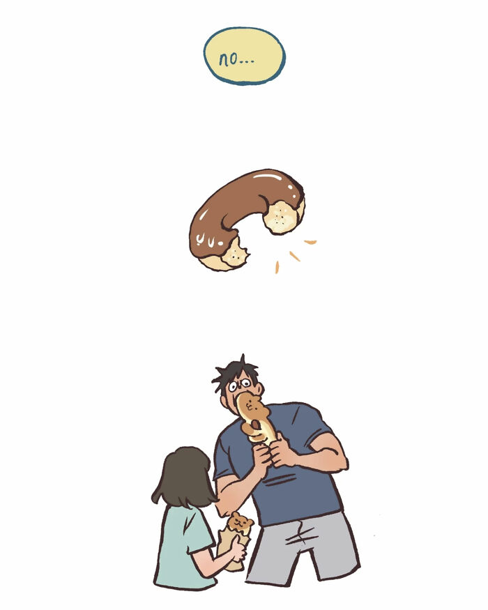 Malaysian artist’s cute illustration of a woman happily admiring a jiggly cat dessert in a relatable comic style.