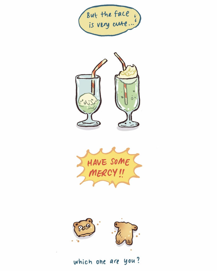 Malaysian artist’s cute illustration of a woman happily admiring a jiggly cat dessert in a relatable comic style.