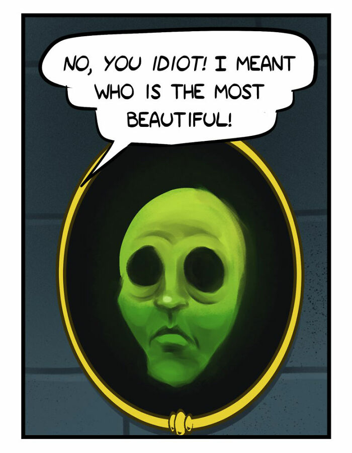 Comic scene with a king asking a magic mirror, featuring Port Sherry comics blending everyday moments and absurd twists.