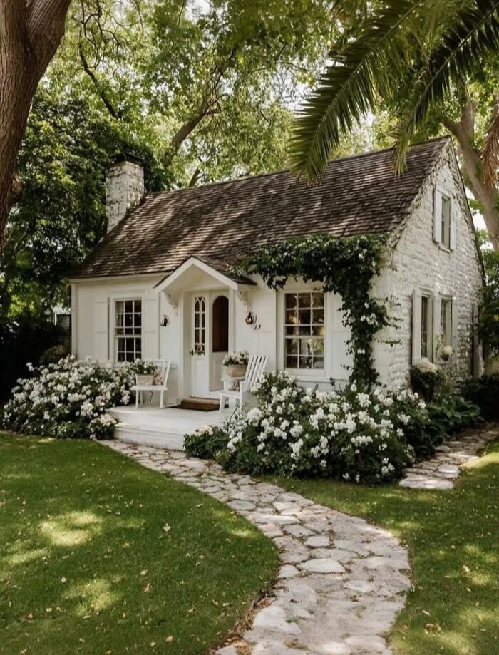 Cozy dream cottage surrounded by lush gardens and flowering bushes with a stone pathway leading to the entrance.